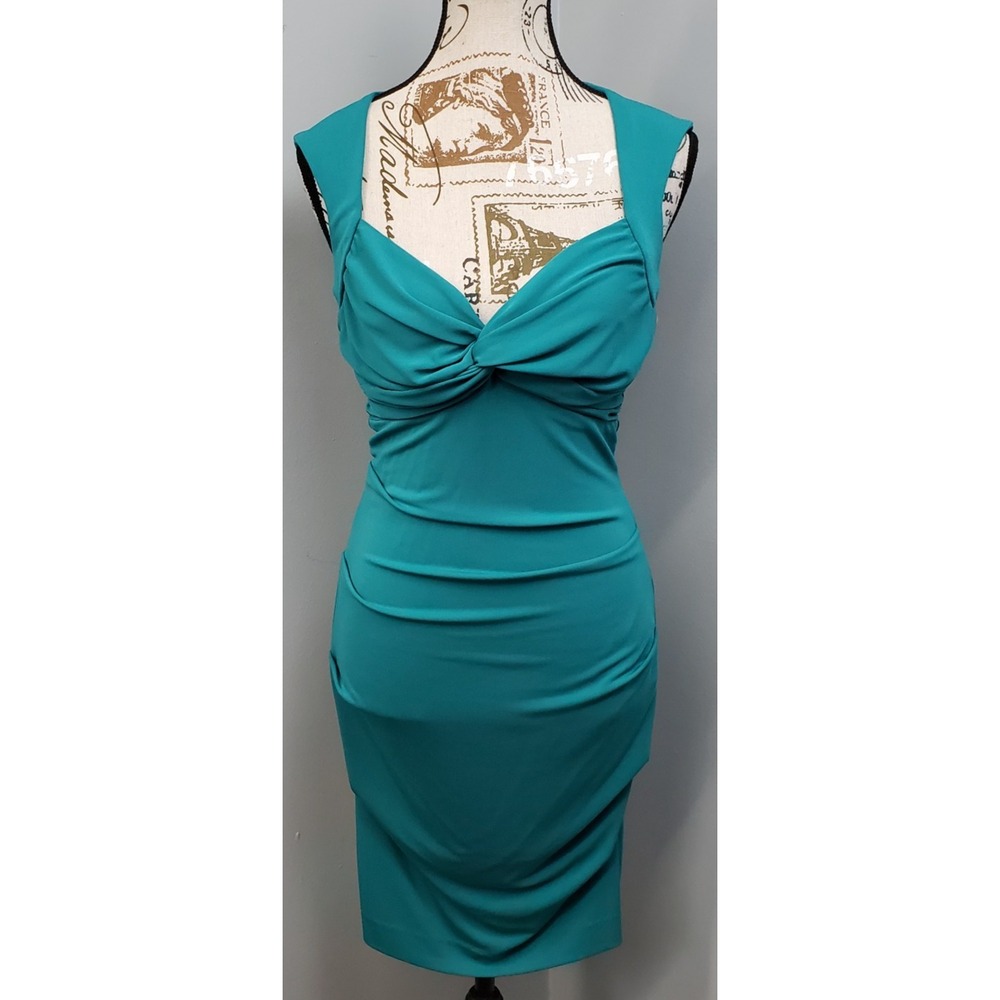 Nicole Miller Bodycon Cocktail Dress Womens 6 Teal Twist Front Cutout Back Zip